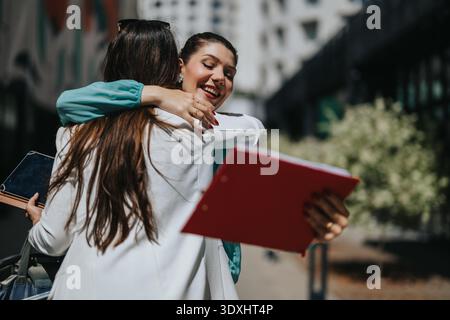 Two businesswomen hugging and celebrating with folder and tablet outside modern office building Stock Photo