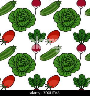 Seamless vector pattern of fresh green lettuce, red radishes, ripe tomatoes, and cucumbers Stock Vector