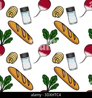 Whimsical vector pattern of fresh radishes, crusty baguettes, butter curls, and salt shakers Stock Vector