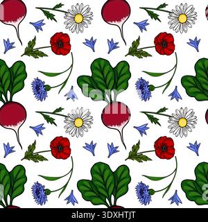 Red radish and wildflowers seamless pattern vector illustration Stock Vector