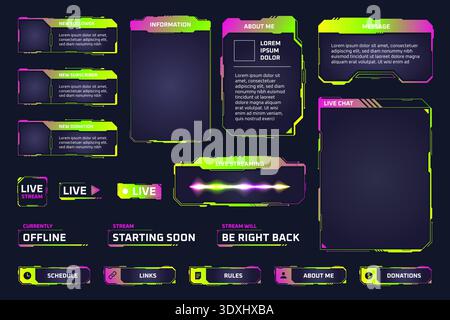 Twitch stream panels. Game streaming elements, live broadcast overlay video screen acid green y2k cyberpunk tech frame streamer user ui hud buttons futuristic vector illustration original artwork Stock Vector