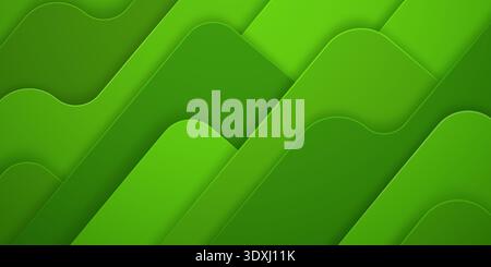 A bright green abstract background featuring wavy, layered shapes in varying shades of green, creating a dynamic and flowing visual effect with smooth Stock Vector