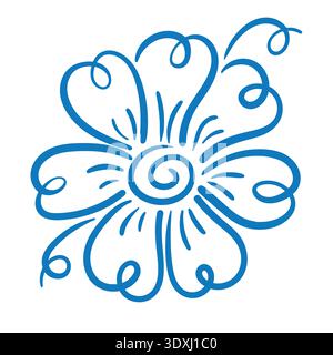 Blue hand-drawn doodle flower isolated on white. This charming six-petal floral element features swirly calligraphic lines and a spiral center, perfec Stock Vector