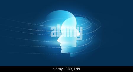 Futuristic Dark Blue Glowing Machine Learning, Artificial Intelligence, Cloud Computing and Neural Networks Concept with a Couple of Robot Faces, Prof Stock Vector