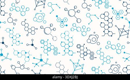 Seamless pattern of blue chemical molecules and honeycomb structures. This scientific background features diverse abstract formulas and DNA-like clust Stock Vector