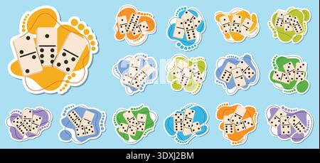 Set of domino sticker icons on colorful abstract backgrounds for games. This collection features ivory tiles in various group clusters, perfect for bo Stock Vector