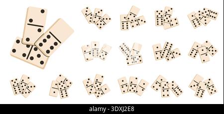Set of domino tile clusters in various positions and number combinations. This vector collection features ivory-colored game pieces isolated on white, Stock Vector