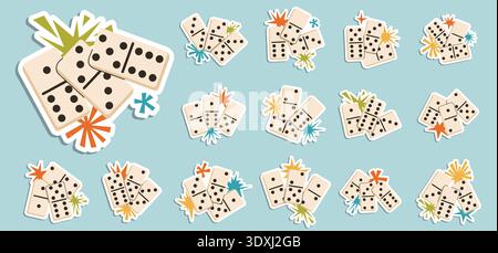 Set of retro-style domino stickers with colorful starburst accents. This collection features ivory tiles in various group clusters, perfect for board Stock Vector