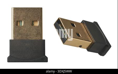 set of black wireless usb nano receivers isolated white background, mock-up template in closeup view and different angles Stock Photo