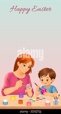 Happy Easter vertical vector illustration with mother and son decorating Easter eggs together, festive spring holiday scene with copy space. Stock Vector