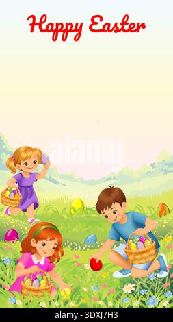 Happy Easter vertical vector illustration with kids collecting Easter eggs in baskets on a sunny spring meadow, festive spring scene with copy space. Stock Vector