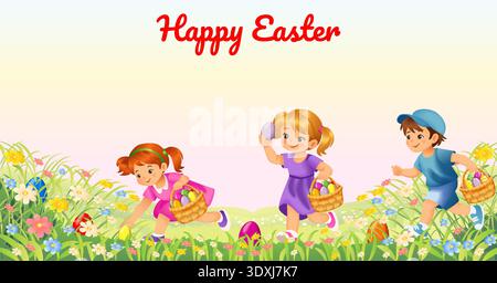 Happy Easter horizontal vector illustration with children with baskets hunting for eggs in a spring meadow festive seasonal scene with copy space. Stock Vector