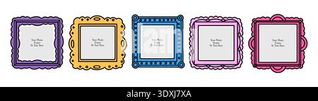 Scrapbook collage vector design template. Cute kid photo frame. Album memory fun decoratin. Border colorful square frames.  Stock Vector