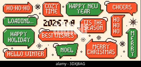 Christmas pixel speech bubbles. Red and green text clouds with snowy peaks and new year phrases. Stock Vector