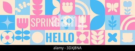 Pastel mosaic tiles with hello text, spring geometric layout with rounded tulips, stylized birds, stars and circles, soft blue pink cream palette, Stock Vector