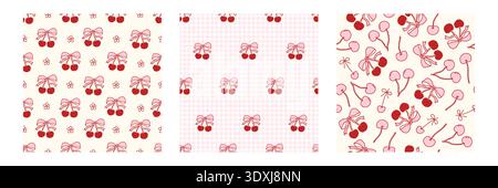 Coquette seamless pattern set featuring charming cherry and bow motifs in soft pink and red tones, with playful details like flowers and checkered backgrounds. Perfect for feminine, trendy designs. Stock Vector
