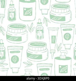 Natural Organic Cosmetic Seamless Pattern Doodle. Green Outline Cream, Skincare Bottles and Aroma Oil on White Background. Linear Hand Drawing. Vector Stock Vector