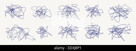 Messy pen scratch abstract scribble set with chaotic hand drawn ink lines on transparent background. Random doodle strokes, tangled sketch marks for design elements, creative overlays, notes Stock Vector