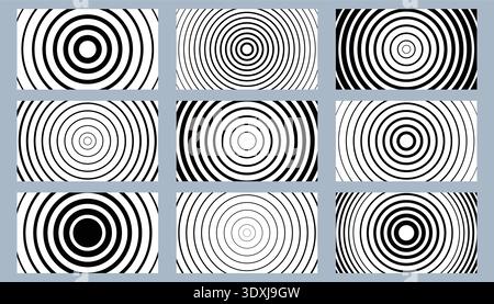 Set of nine monochrome halftone concentric circle backgrounds for cards or digital assets. Abstract designs feature linear and ripple patterns. Ideal Stock Vector