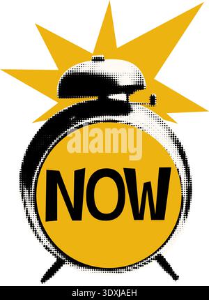 Halftone alarm clock with Now text vector illustration Stock Vector