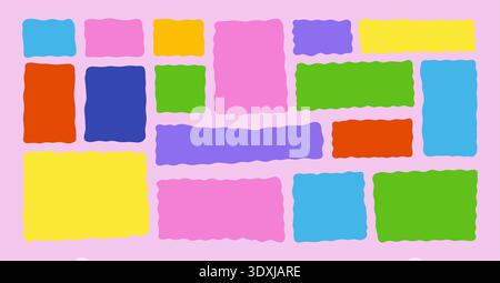 Wavy rectangle set of bright colorful abstract frames with soft organic curves. Modern flat vector collection of liquid text boxes and playful shapes in blue, pink, yellow on pastel background. Stock Vector