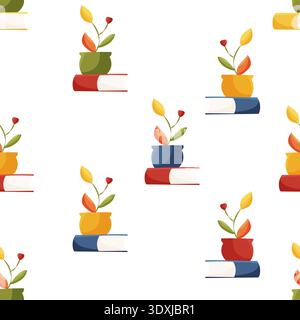 Seamless pattern with books and potted plants Stock Vector