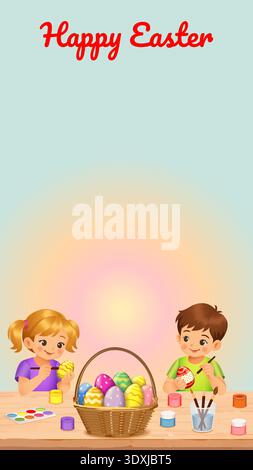 Happy Easter vertical vector illustration with children painting Easter eggs at a table with an Easter basket, festive spring scene with copy space. Stock Vector