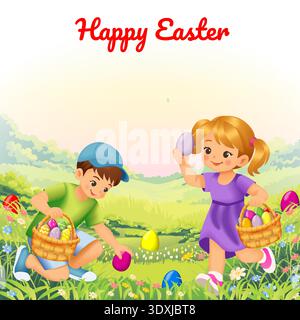 Happy Easter square vector illustration with a boy and girl on an egg hunt in a green meadow, festive spring scene with copy space. Stock Vector