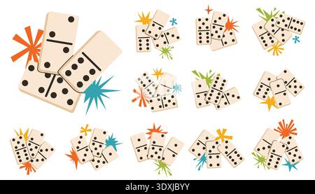 Set of ivory-colored domino tile clusters with vibrant retro starburst accents. This collection features a variety of tile combinations and playful la Stock Vector