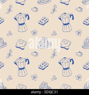 Seamless pattern with coffee, waffles and egg. Outline print of breackfast sketches Stock Vector