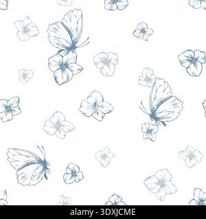 Cute little forget-me-not hydrangea flowers with butterflies. Hand-drawn ink line art graphic illustration. Seamless floral pattern for spring holiday Stock Vector