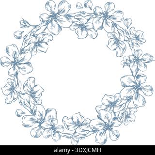 A classic wreath of apple blossom branches with flowers and buds. Hand-drawn ink line art graphic illustration. A round frame with text template for Stock Vector
