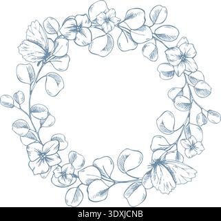 A classic wreath of eucalyptus branches with flowers and butterflies. Hand-drawn ink line art graphic illustration. A round frame with text template Stock Vector