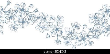 Branches of a blossoming apple tree with flowers and buds. Graphic illustration hand-drawn with ink line art. Seamless border pattern floral garland Stock Vector