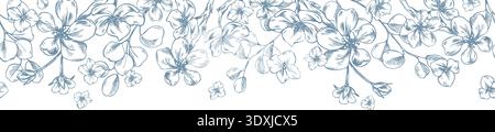 Blooming apple tree branches with lovely forget-me-nots and eucalyptus branches. A hand-drawn graphic illustration in line art style with ink. A Stock Vector