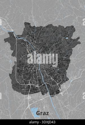 Stylized Dark City Map of Graz, Austria Stock Vector