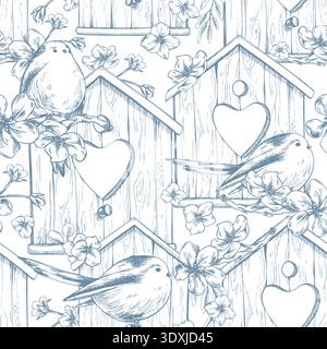 Wooden birdhouses with birds and apple blossoms. Hand-drawn ink line art graphic illustration. Seamless pattern, easy, summery, and spring-themed for Stock Vector