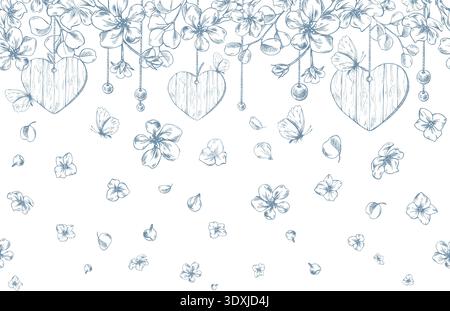 Wooden beaded earrings dangling from above with flowers and butterflies. Hand-drawn ink line art graphic illustration. Seamless border pattern for Stock Vector