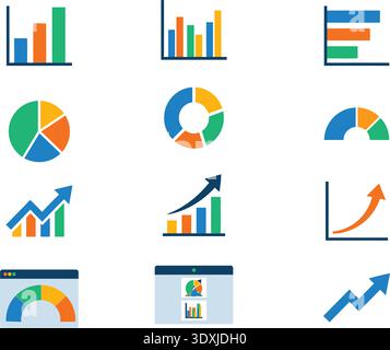A professional collection of flat vector charts and graphs in vibrant colors. Ideal for visualizing business growth, financial data, and market trends Stock Vector