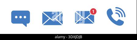 A set of four blue flat icons including a speech bubble for chatting, two envelope mail icons, and a ringing telephone. Stock Vector