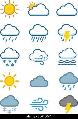 Comprehensive set of colorful weather icons illustrating various meteorology states like sunny and stormy days. These graphics use a blue and yellow Stock Vector