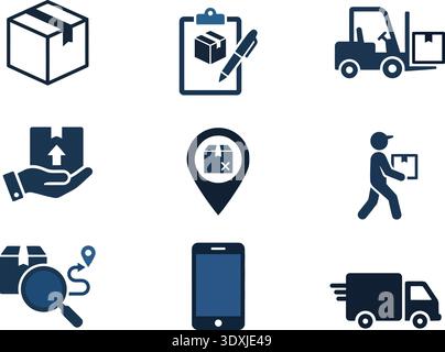 This blue logistics icon set illustrates shipping processes like package tracking and courier transport. It provides clear visual cues for ecommerce p Stock Vector
