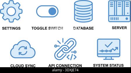 Blue tech icons featuring server racks, cloud sync, and system dashboards. Clean graphics represent backend development, network connectivity, and pro Stock Vector
