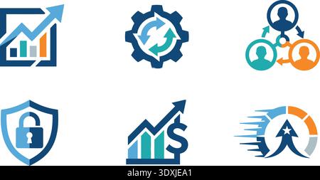 A professional set of six vector icons showcasing business growth, cybersecurity protection, team networking, and financial performance Stock Vector