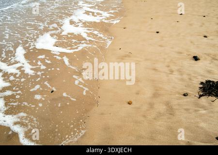 Gentle waves with white foam wash onto a wet, sandy shore scattered with small stones and a clump of dark seaweed. Stock Photo