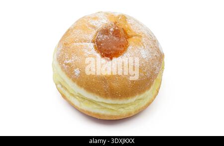 Apricot jam marmalade powdered doughnut isolated on white background. Donut bun Stock Photo