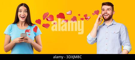 Young Woman Shows Excitement Using Mobile Phone for Social Media Chat With a Man in a Studio Stock Photo