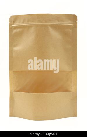 Brown paper doypack isolated on white background. Template mock up bag with transparent hole window Stock Photo