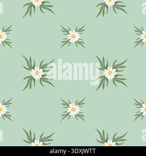 Seamless square vector pattern with white daisy flowers on light green pistachio background. Spring floral repeat design for textile and decor. Stock Vector