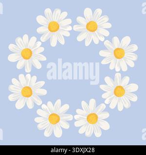 Vector pattern with white daisy wreath arranged in round composition on blue background. Spring floral design for textile, wallpaper and print. Stock Vector